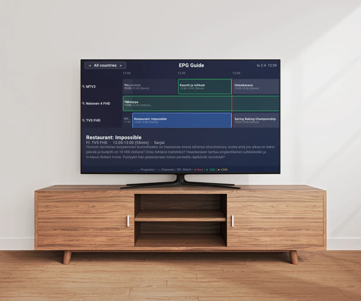 Liste des chaînes TV en direct Easy IP TV avec guide des programmes EPG et logos des chaînes sur un Smart TV